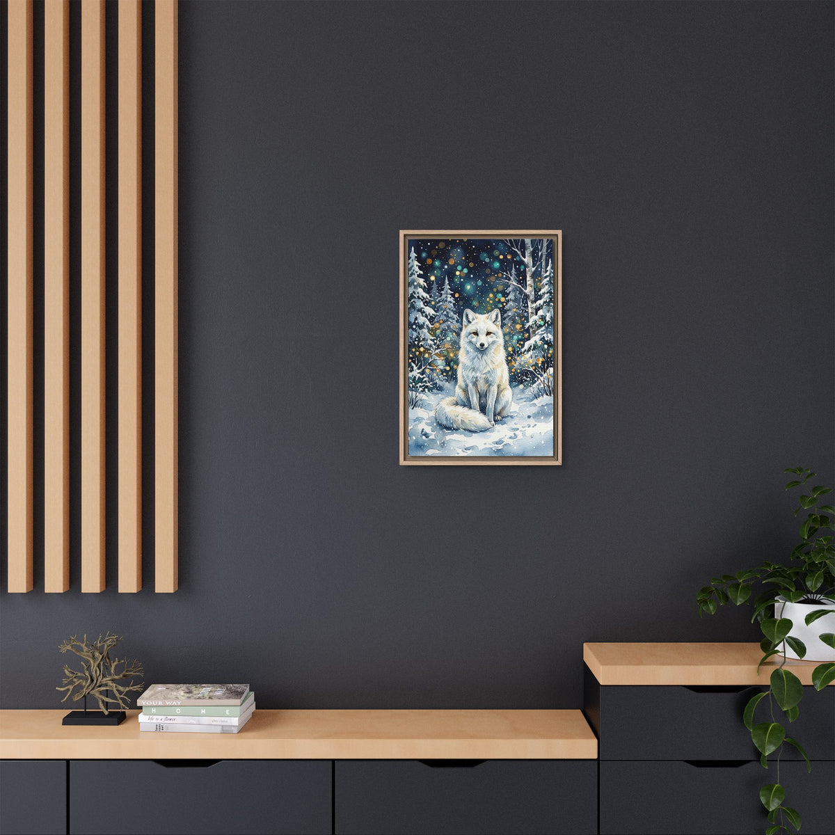 Framed Canvas: Winter White Fox in Snowy Forest
