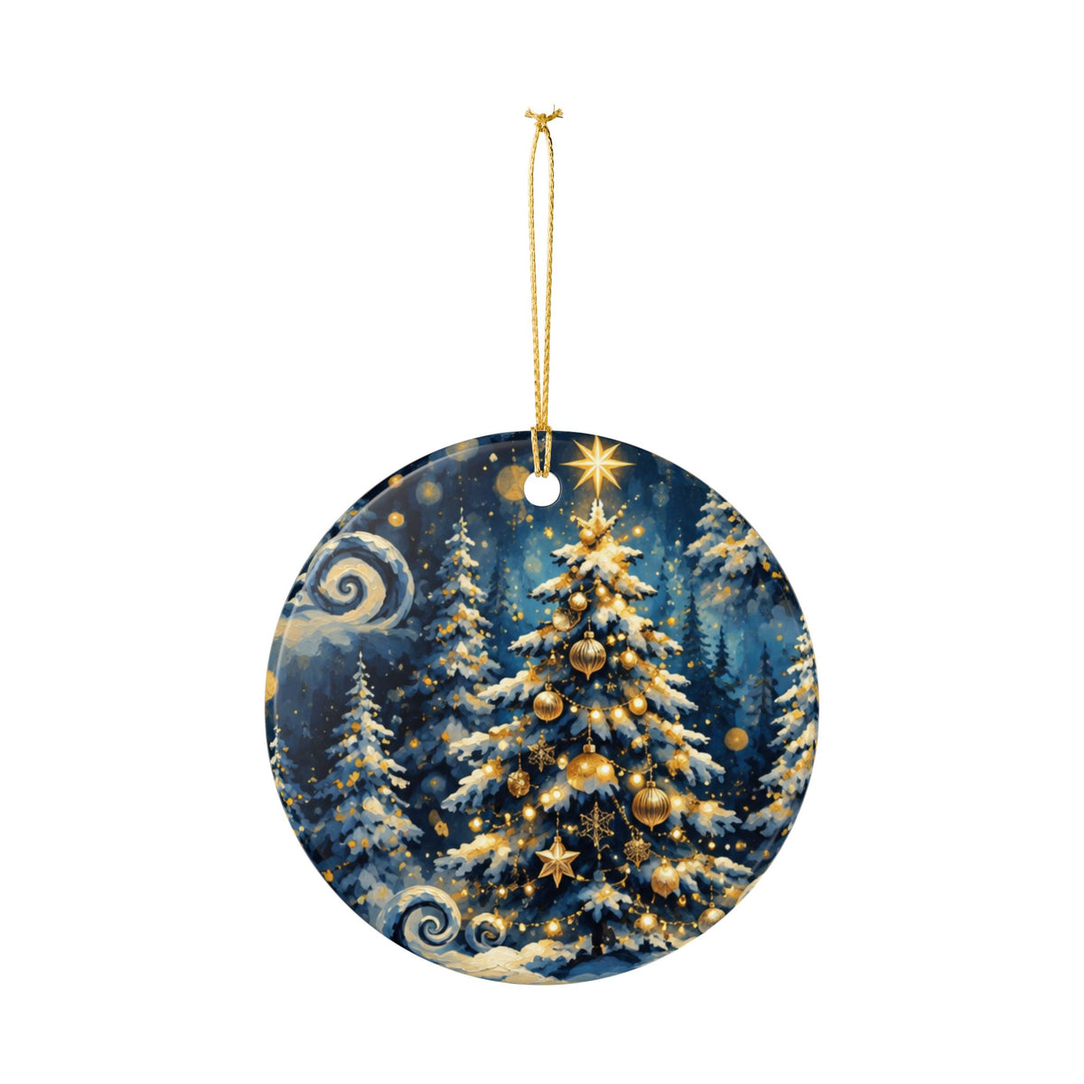 Gold & Blue Winter Christmas Tree Ceramic Ornament