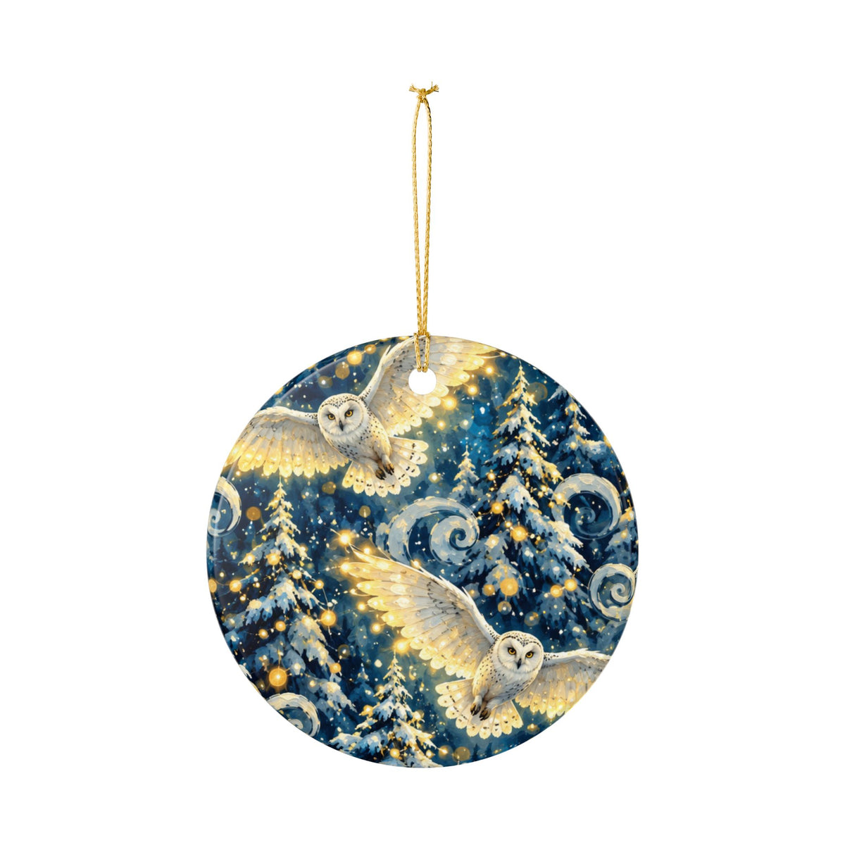 Barn Owl Winter Forest Ceramic Ornament — Round Holiday Tree Decoration
