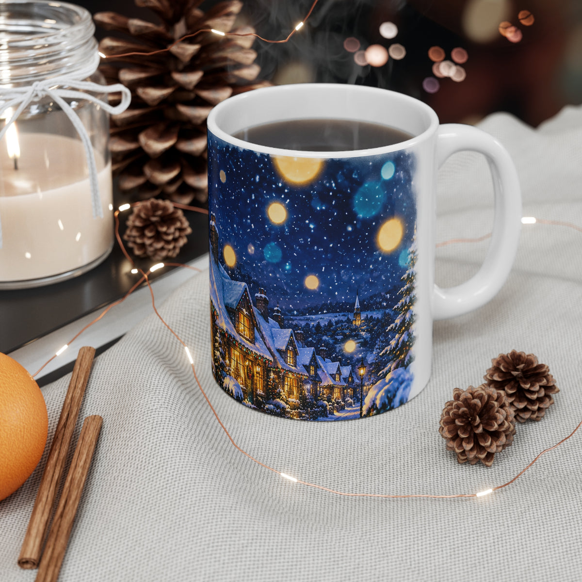Christmas Cottage Mug – Snowy Night Holiday Coffee Cup with Cozy Lit Windows