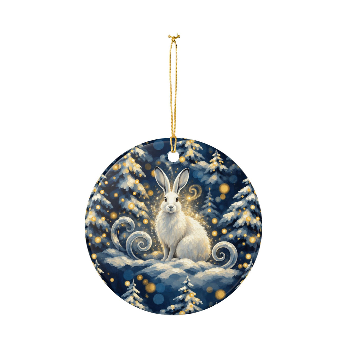 Snow Rabbit Ceramic Ornament — Winter Forest Holiday Decoration
