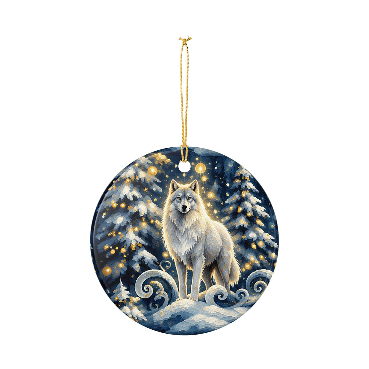 Ceramic Christmas Ornament – Winter Wolf in Enchanted Snowy Forest