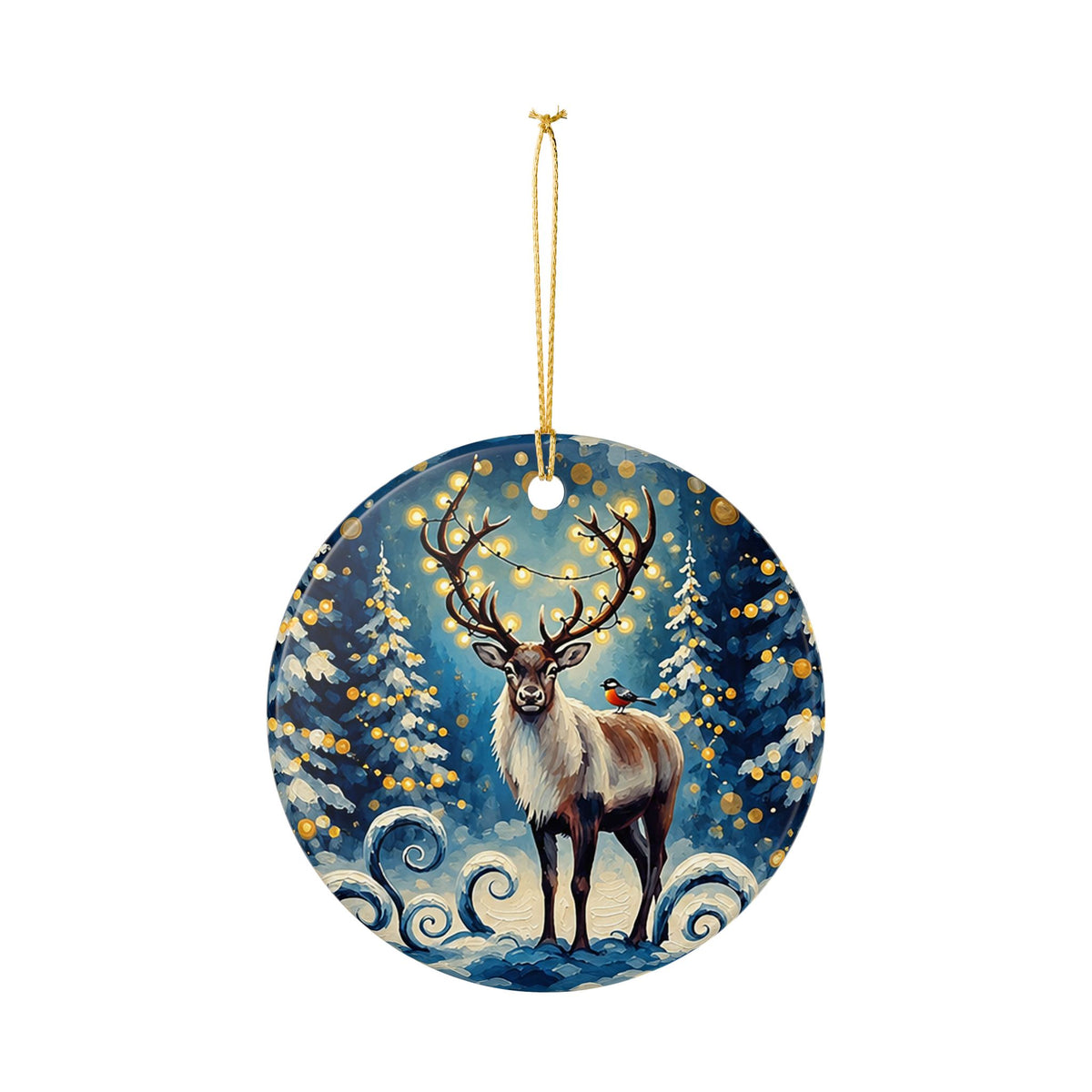 Ceramic Christmas Ornament – Winter Reindeer in Snowy Forest
