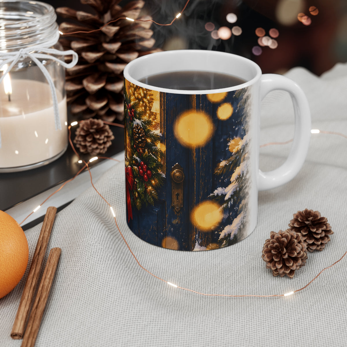 Christmas Wreath Mug — Festive Pinecone & Bow Holiday Coffee Cup (11 oz)