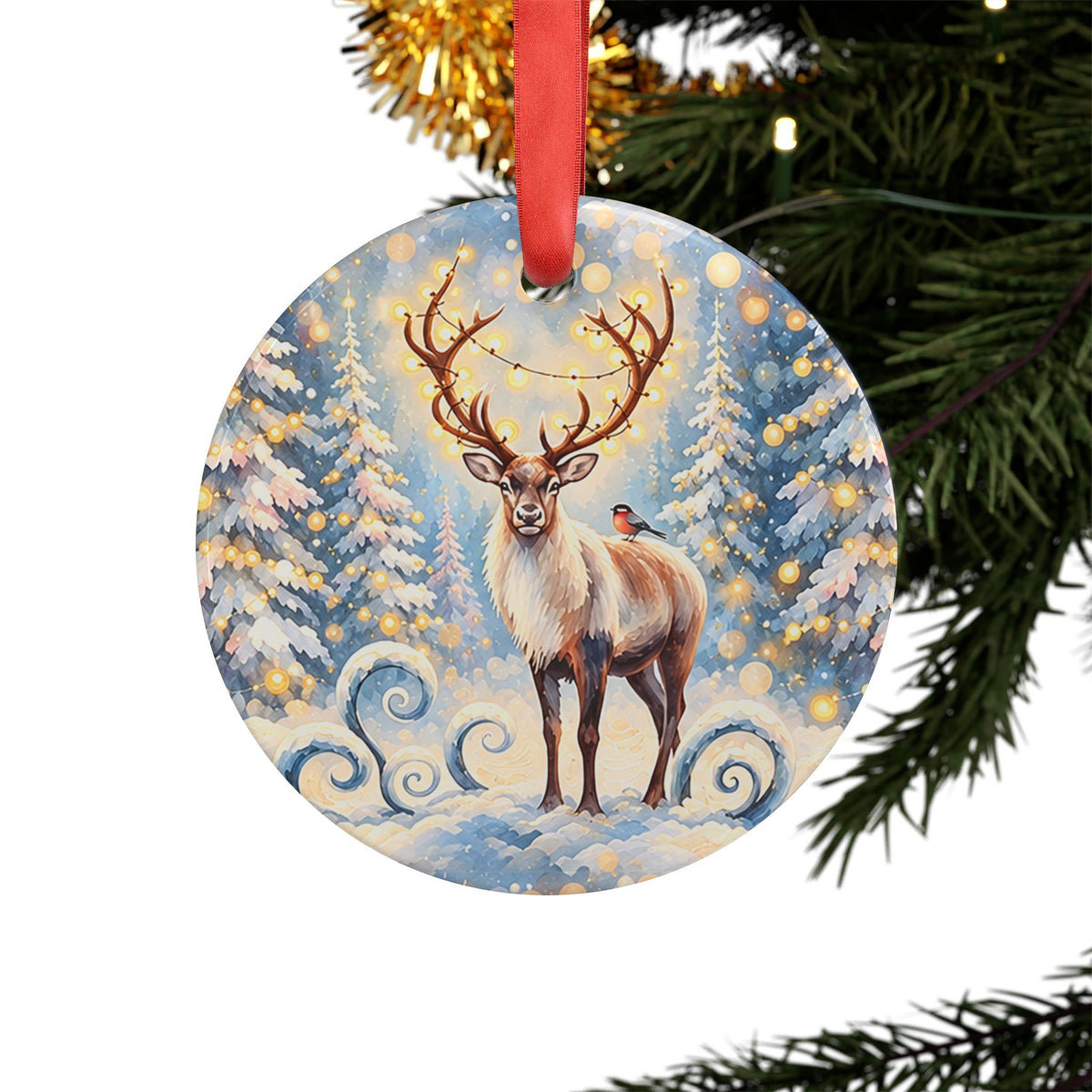 Acrylic Ornament with Ribbon – Whimsical Winter Reindeer Christmas Tree Décor