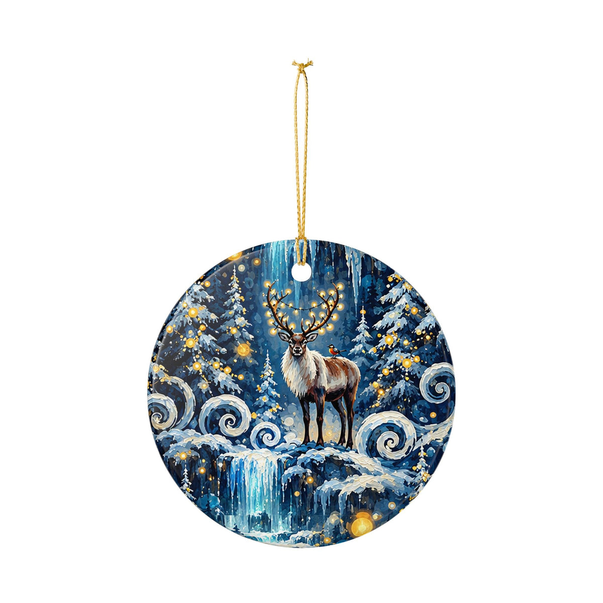 Ceramic Christmas Ornament with Majestic Reindeer in Winter Wonderland