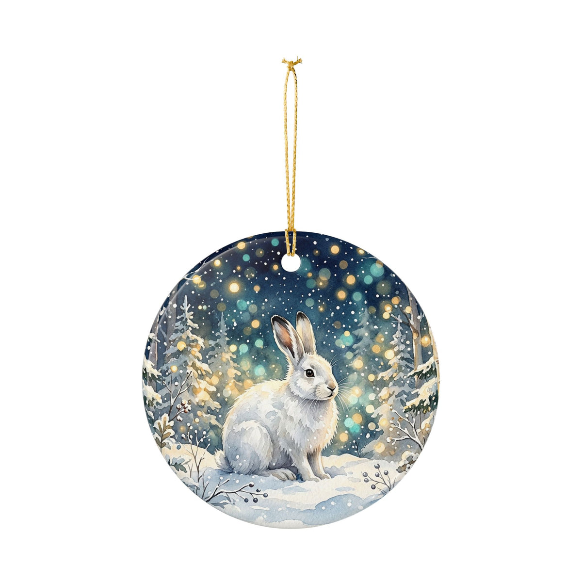 Ceramic Christmas Ornament, Whimsical Winter Bunny in Snowy Forest
