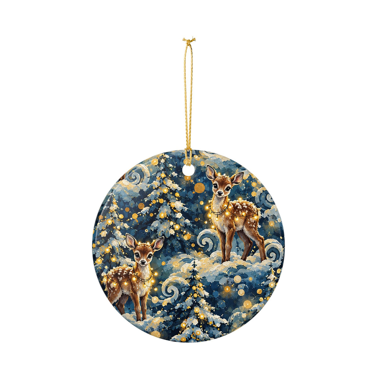 Ceramic Christmas Ornament with Whimsical Deer and Winter Forest Design