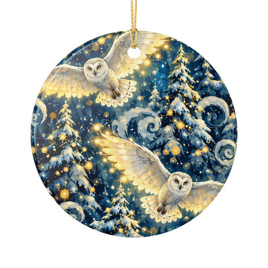 Barn Owl Winter Forest Ceramic Ornament — Round Holiday Tree Decoration