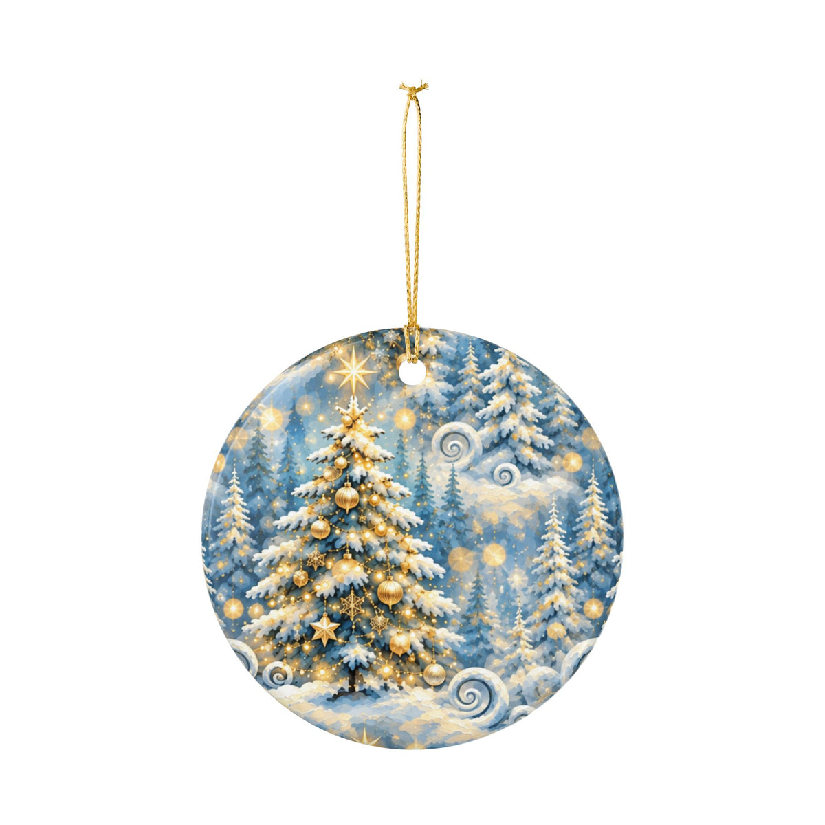 Snowy Gold Tree Ceramic Ornament — Winter Forest Christmas Decoration