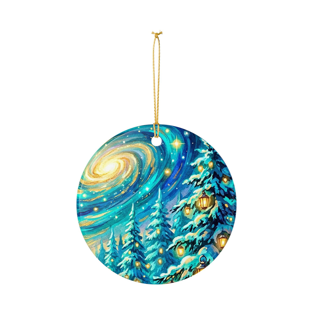 Ceramic Christmas Ornament – Enchanted Winter Forest Galaxy Scene