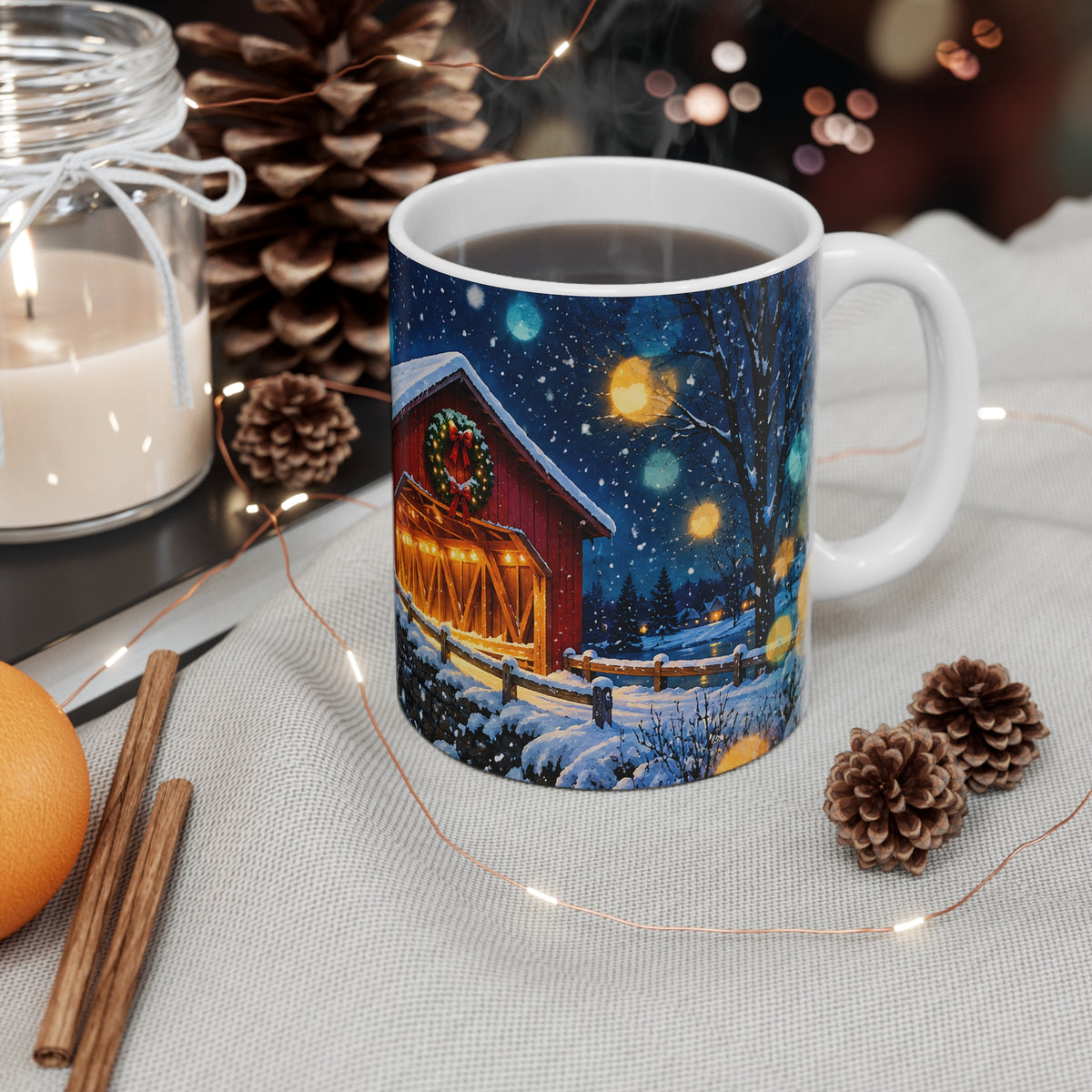 Holiday Covered Bridge Mug – Cozy Winter Night 11oz Coffee Cup