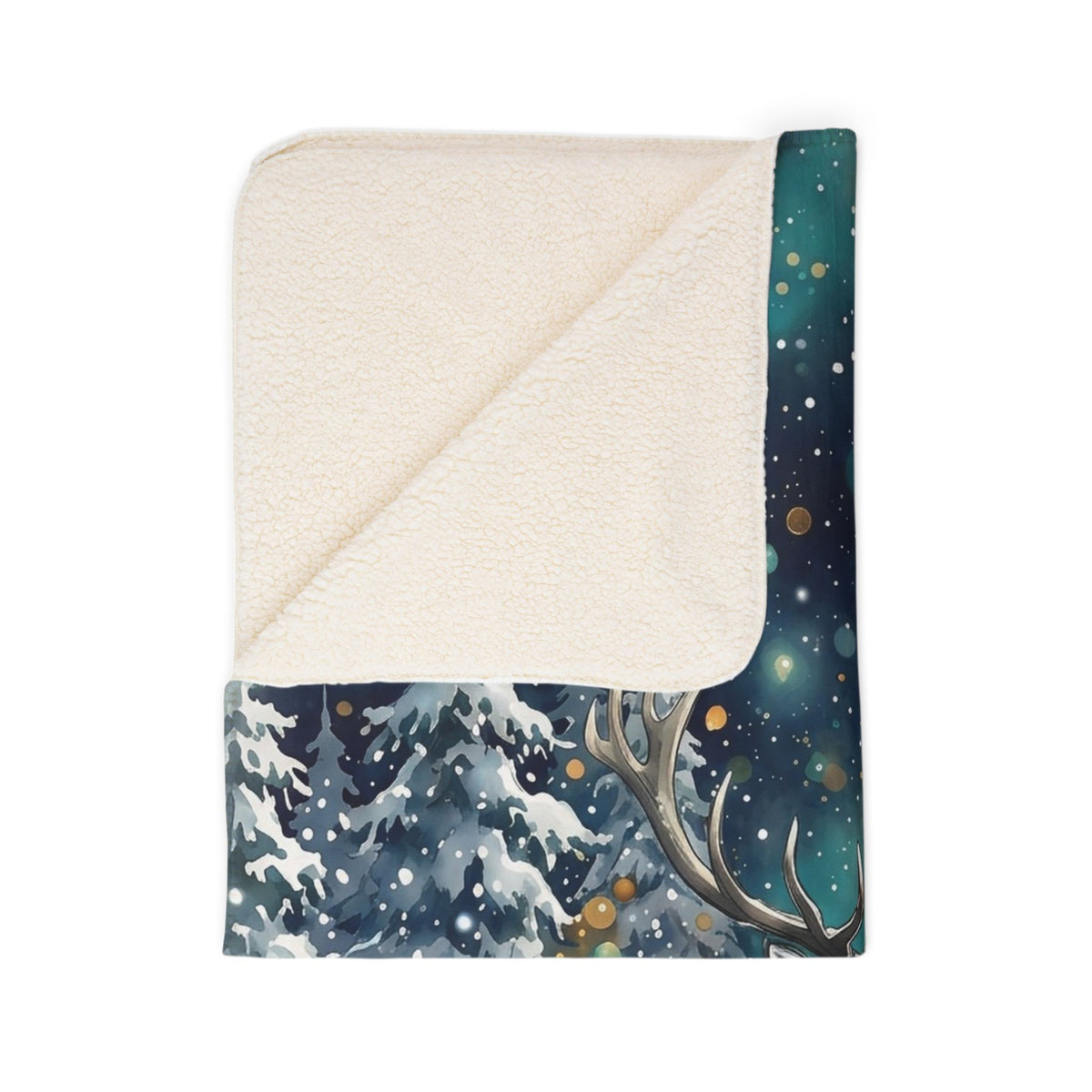 Winter Reindeer in Snowy Forest Fleece Sherpa Blanket