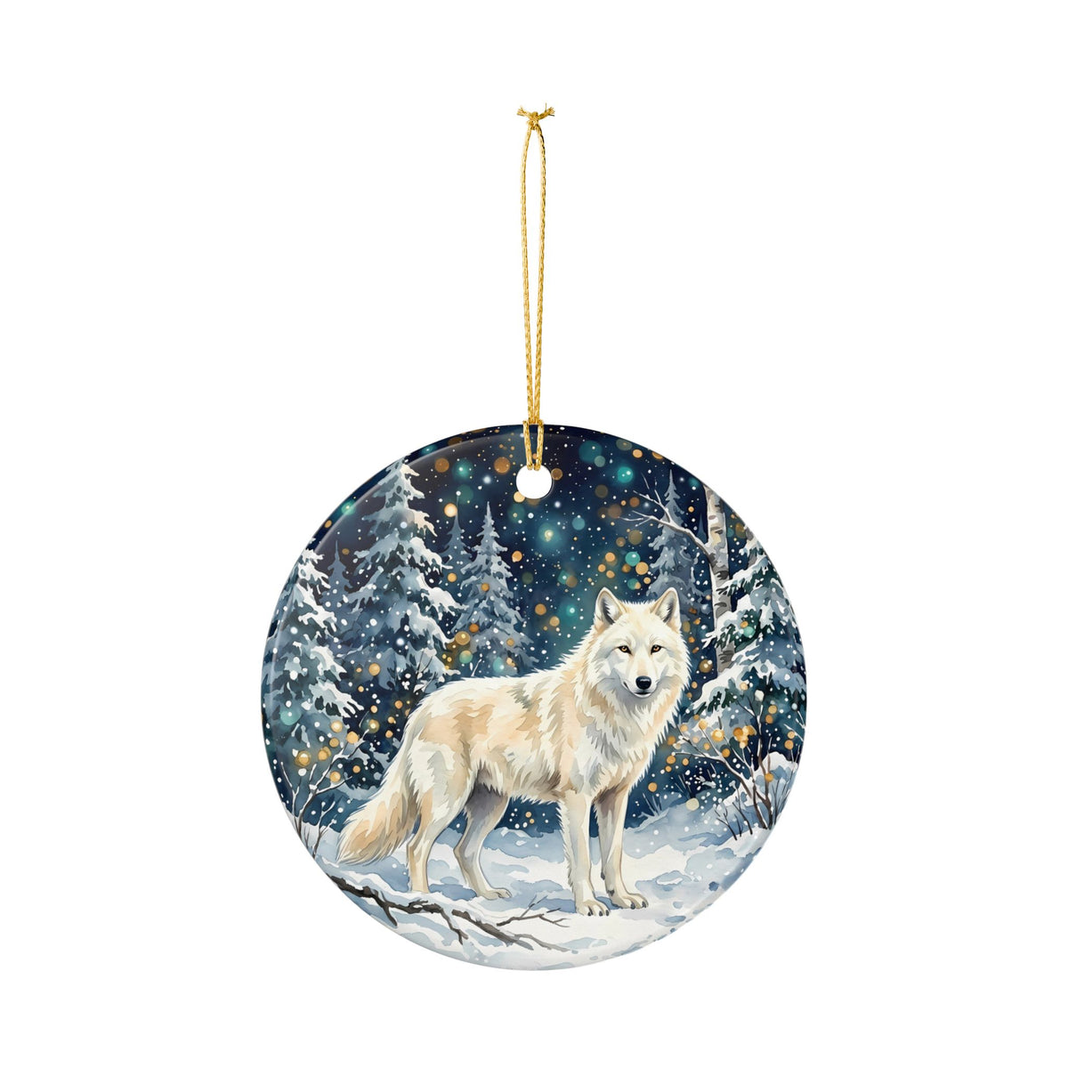 Winter Wolf Ceramic Ornament – Snowy Forest Christmas Tree Decoration