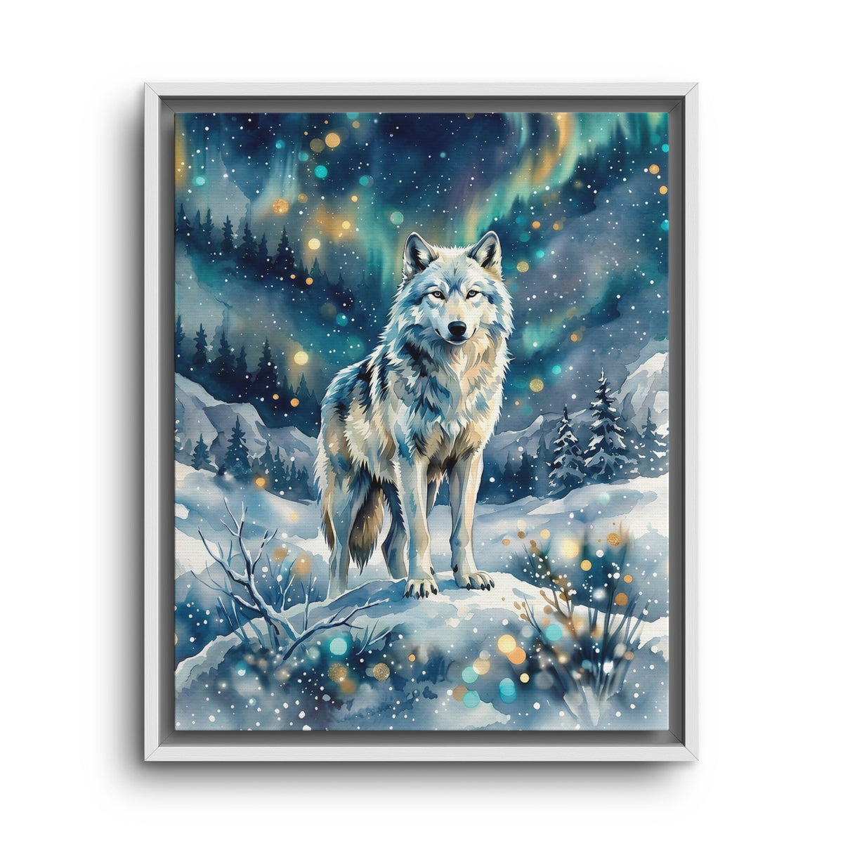 Framed Canvas Wolf Under the Northern Lights