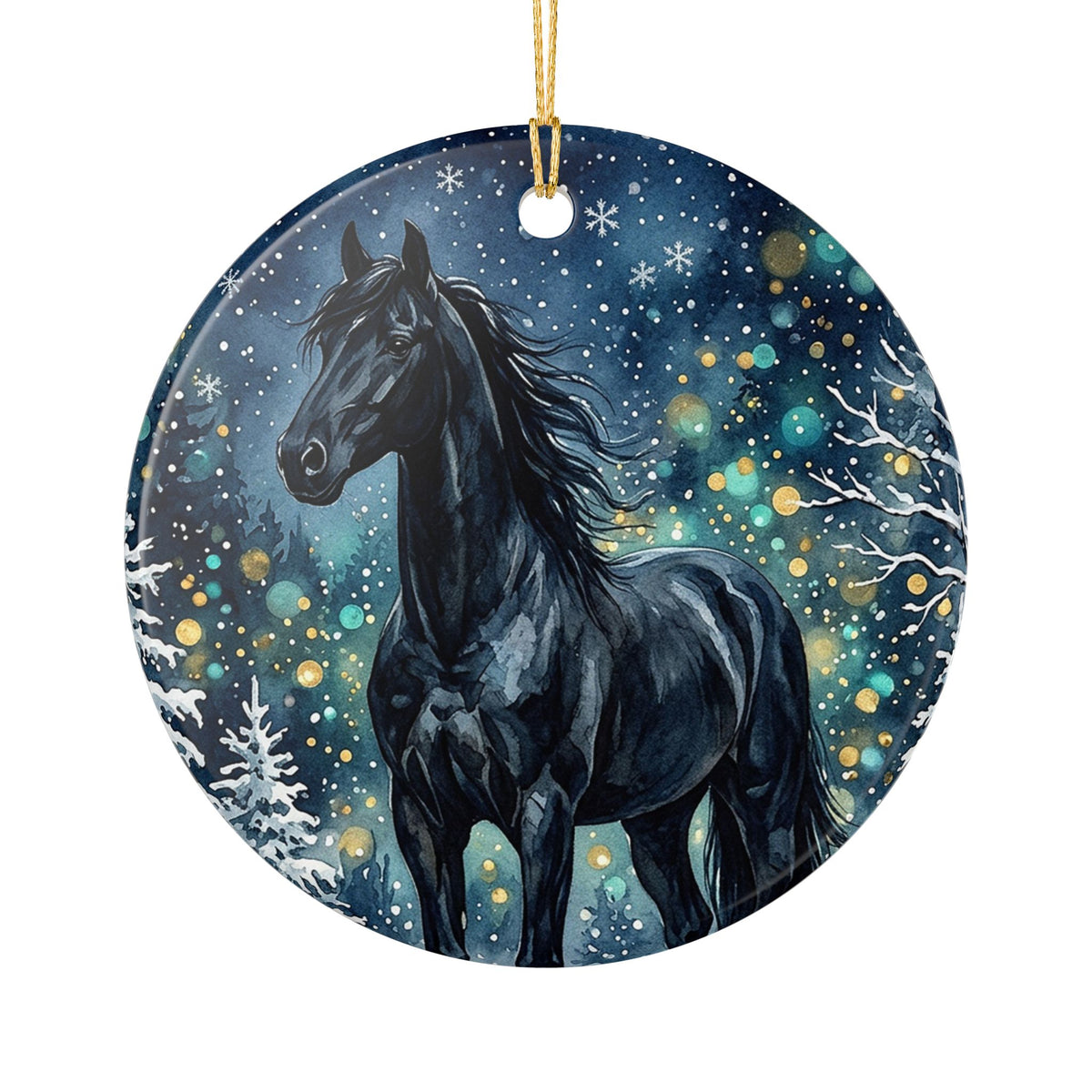 Black Horse Winter Wonderland Ceramic Ornament