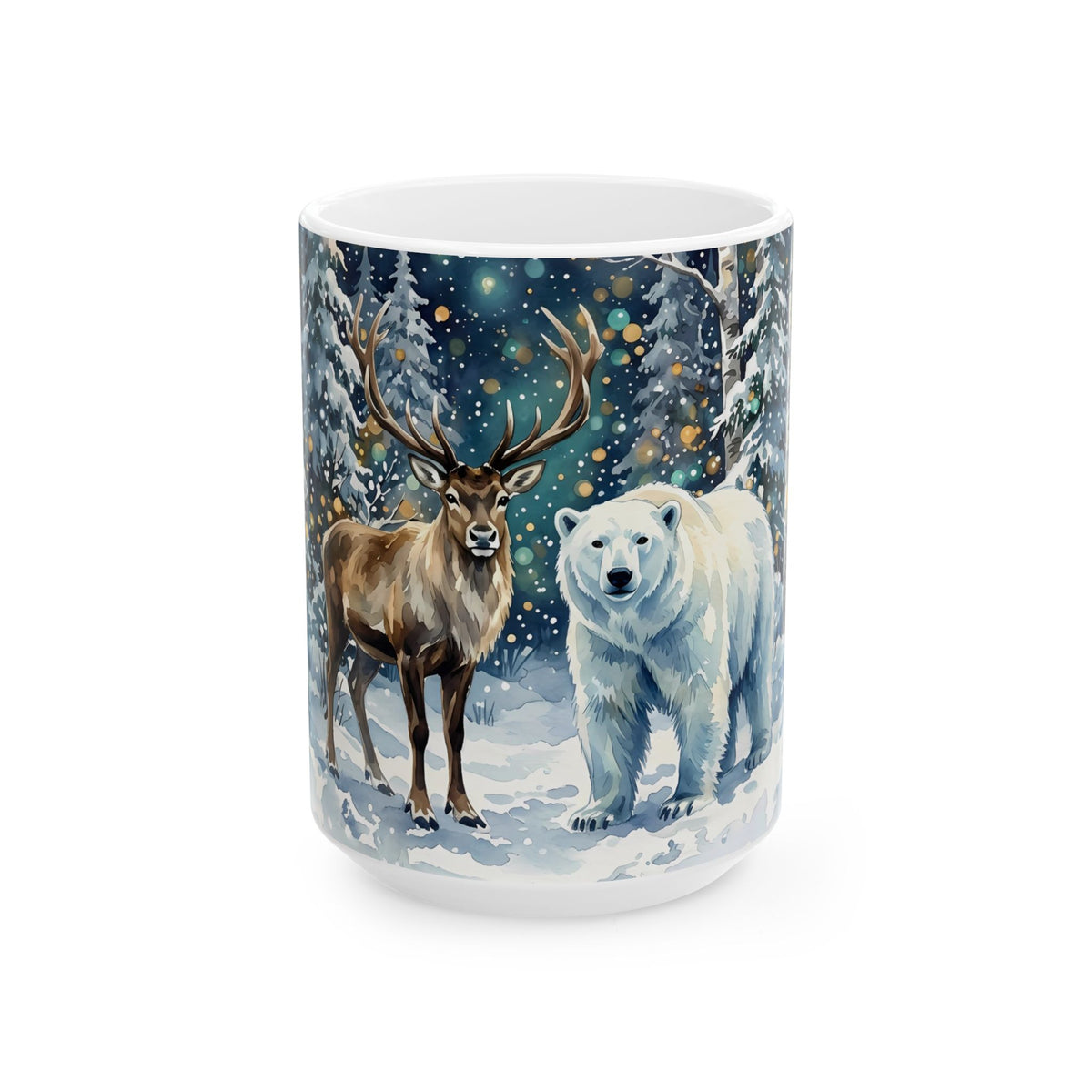 Winter Wildlife Deer and Polar Bear Ceramic Mug