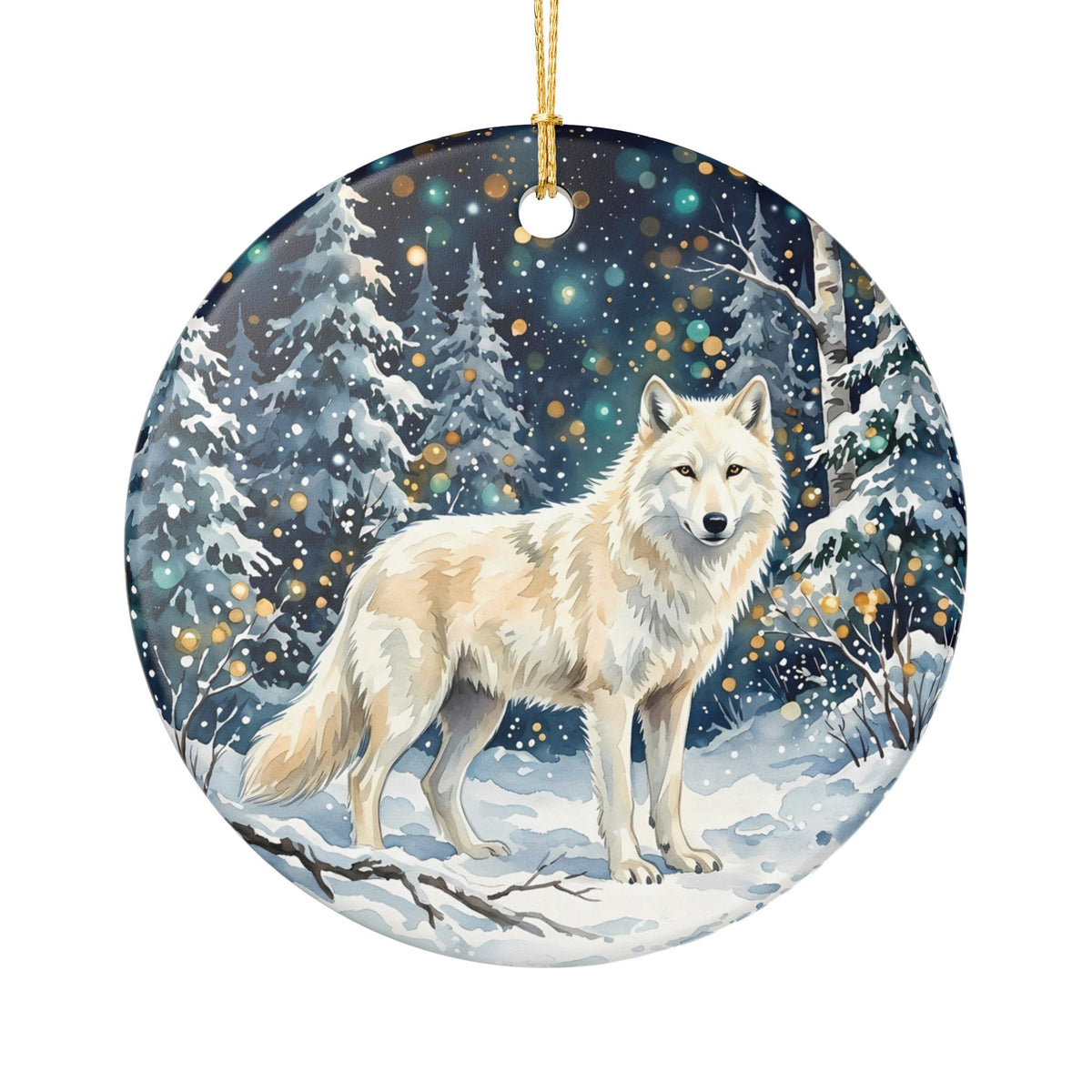 Winter Wolf Ceramic Ornament – Snowy Forest Christmas Tree Decoration