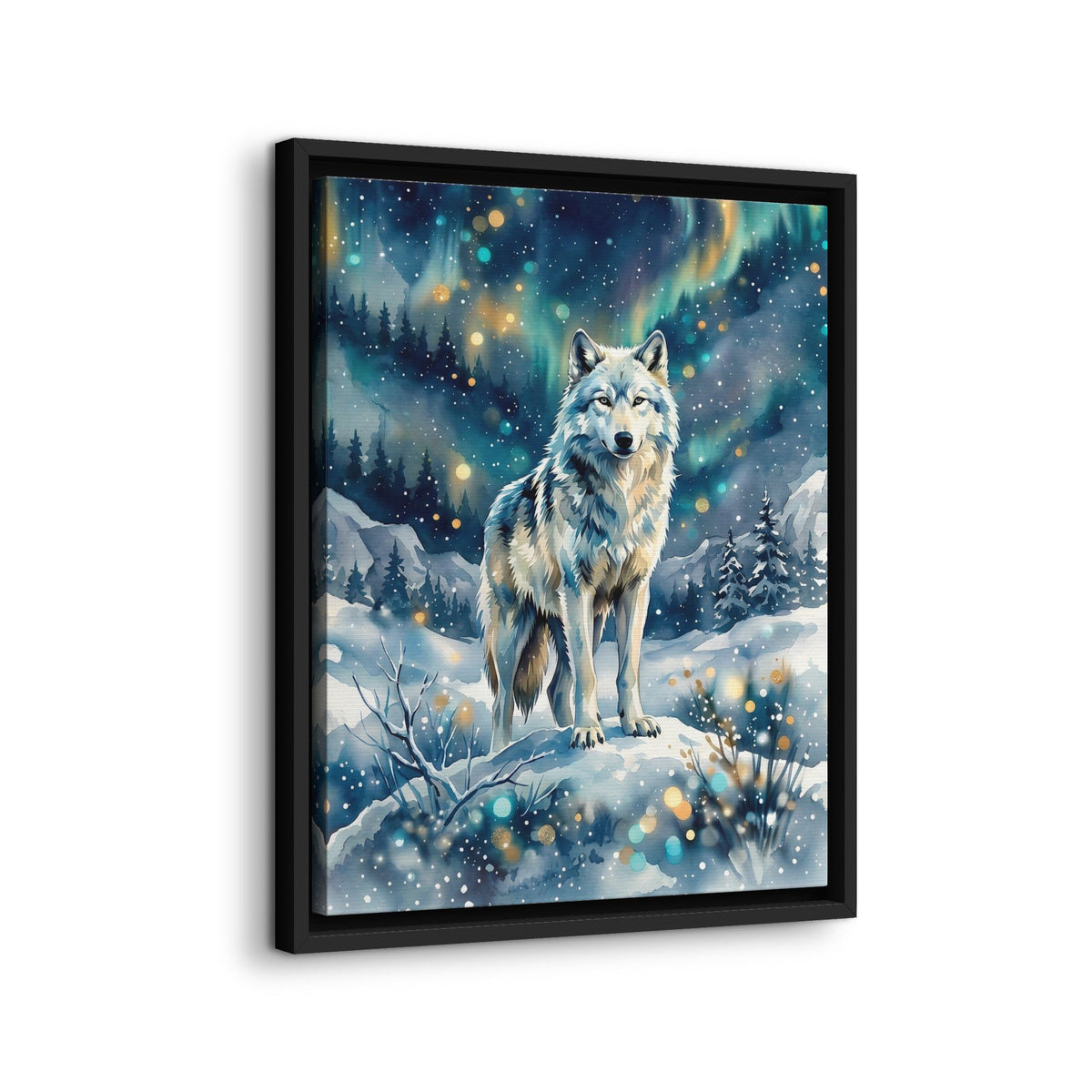 Framed Canvas Wolf Under the Northern Lights