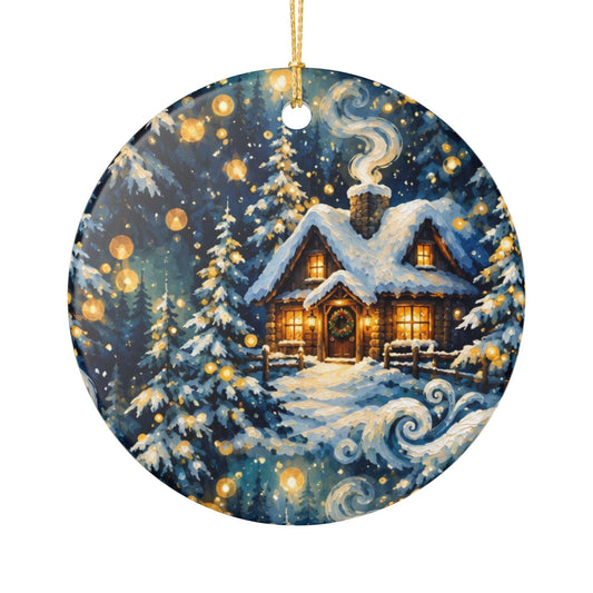 Winter Cottage Ceramic Ornament — Snowy Cabin Holiday Christmas Decoration