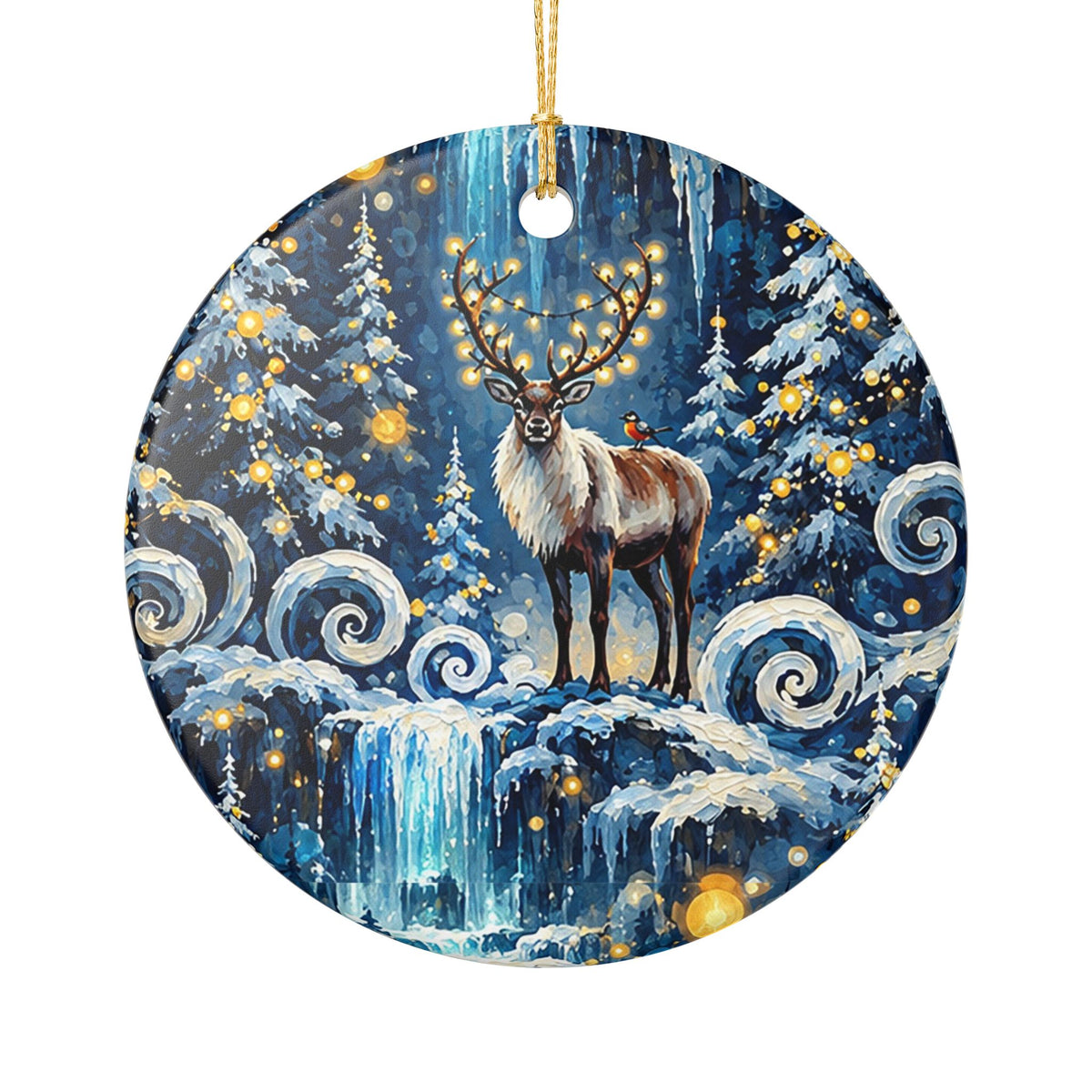 Ceramic Christmas Ornament with Majestic Reindeer in Winter Wonderland