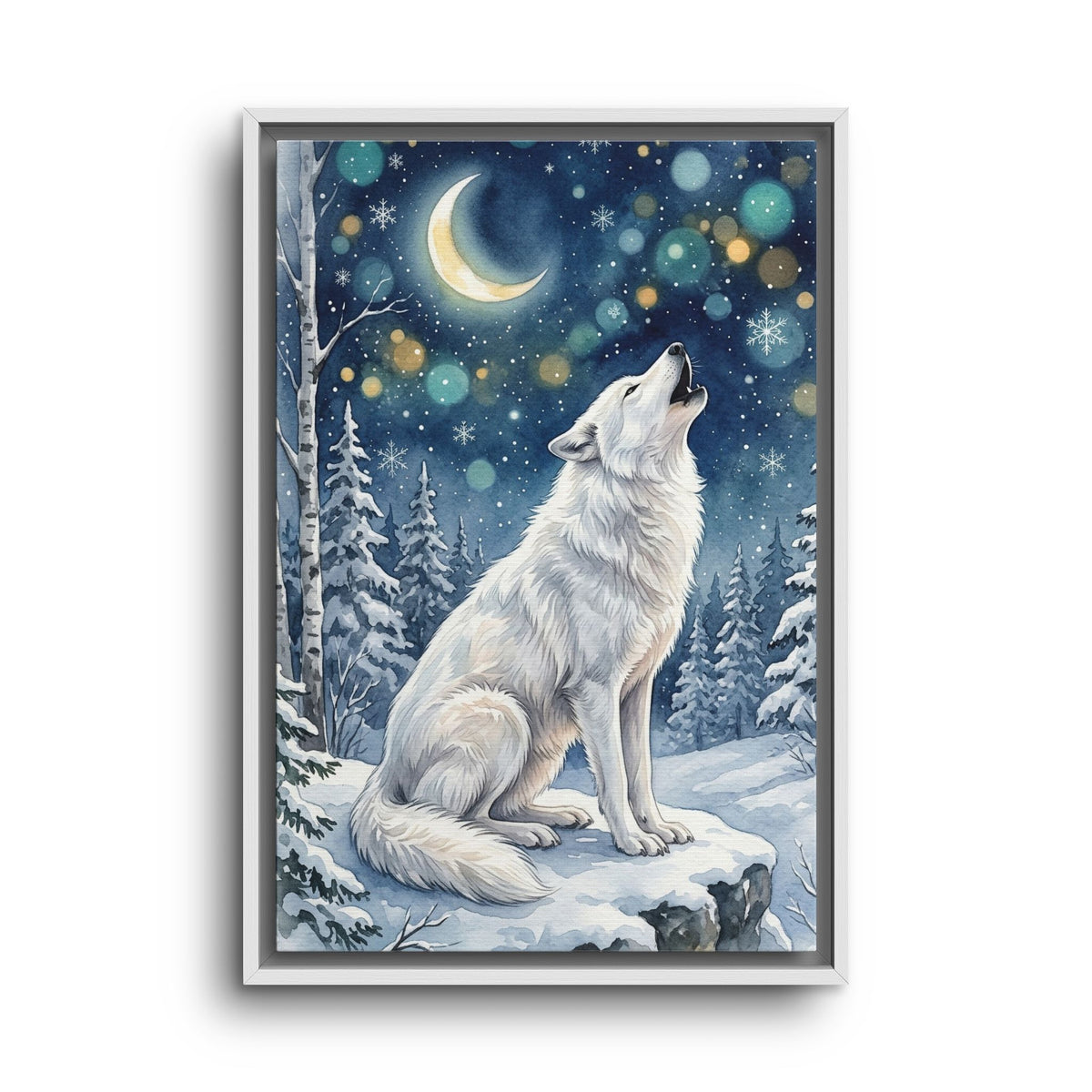 Framed Canvas Wall Art – Howling Wolf Under Moonlight