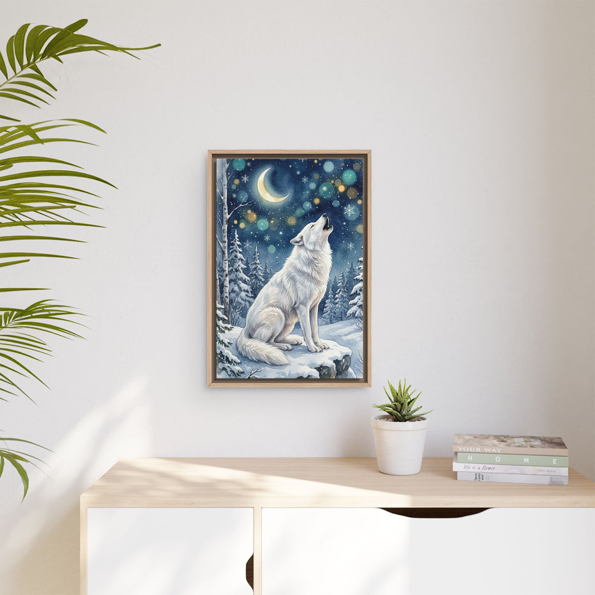 Framed Canvas Wall Art – Howling Wolf Under Moonlight