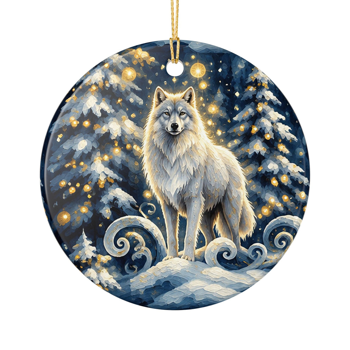 Ceramic Christmas Ornament – Winter Wolf in Enchanted Snowy Forest
