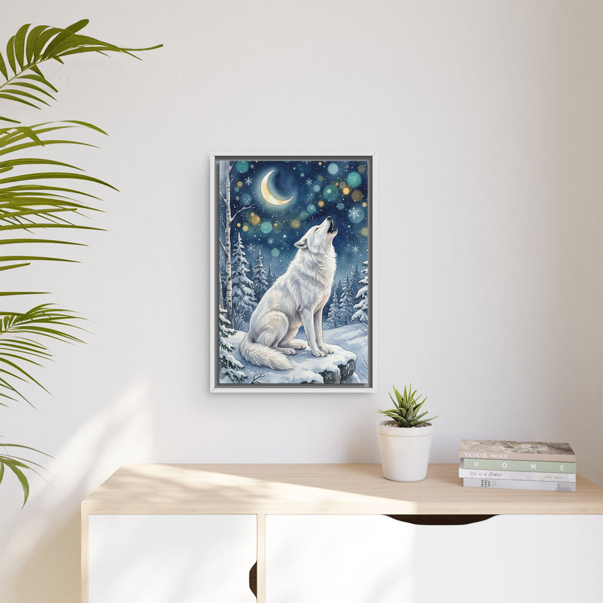 Framed Canvas Wall Art – Howling Wolf Under Moonlight