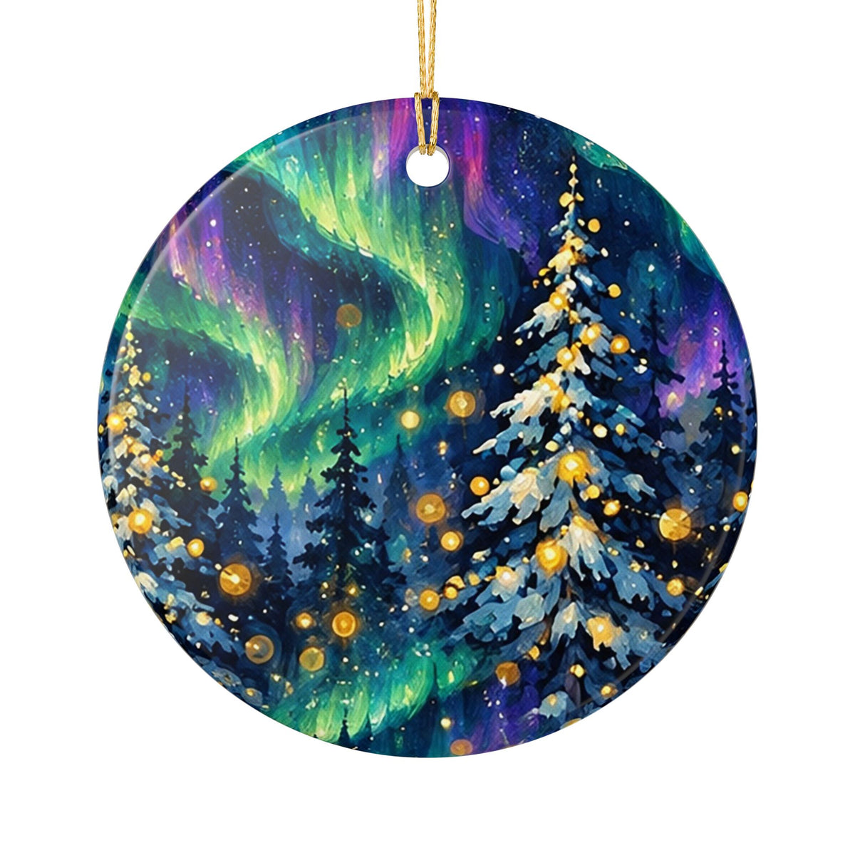 Ceramic Christmas Ornament with Northern Lights and Snowy Pine Trees