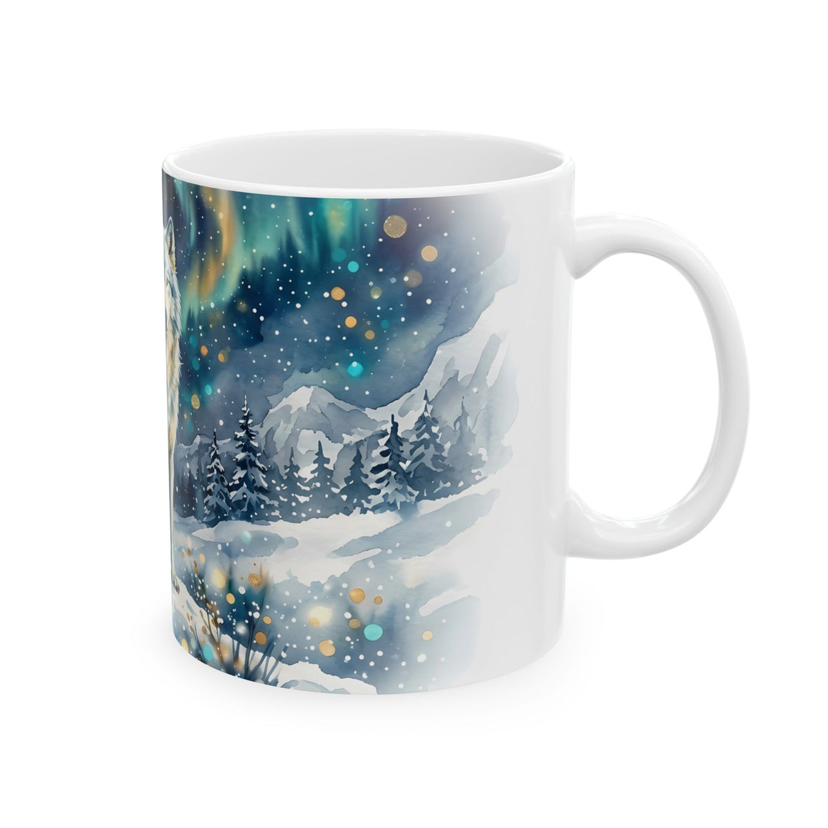 Winter Wolf Ceramic Mug – Mystical Moonlit Forest Wildlife Coffee Cup