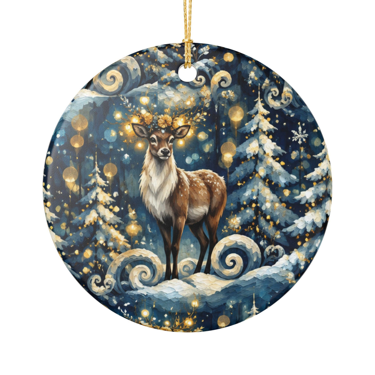 Reindeer Winter Forest Ceramic Ornament — Festive Holiday Tree Decoration