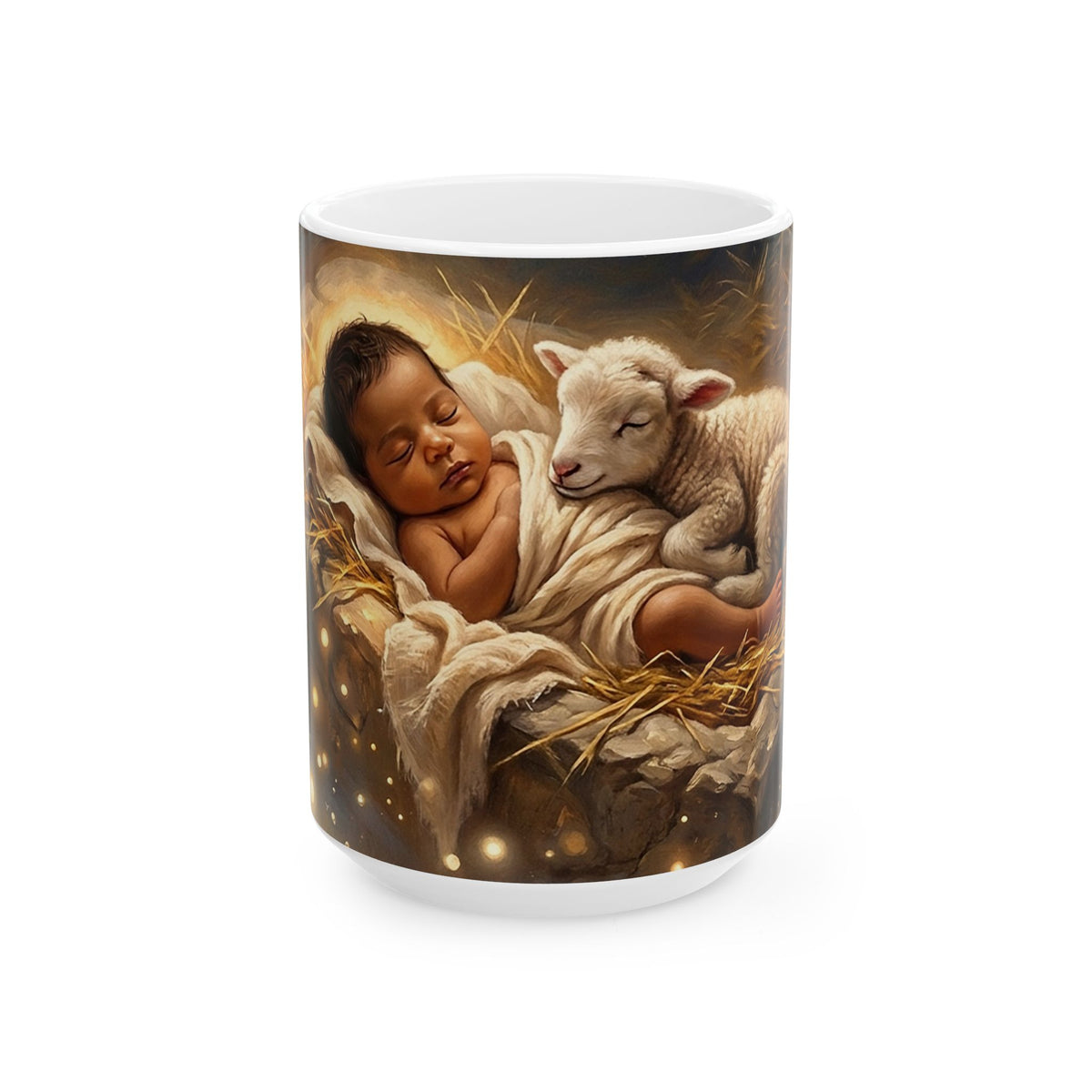 Ceramic Mug with Sleeping Baby and Lamb, Tender Nursery Art