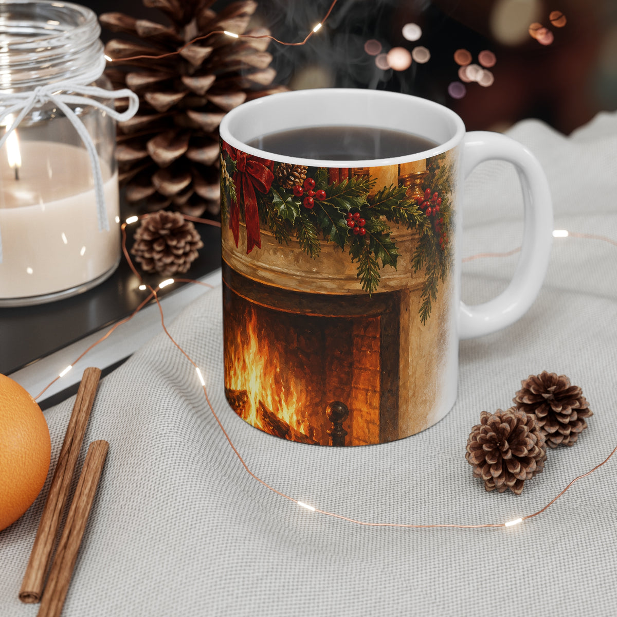 Christmas Fireplace Mug — Cozy Holiday Stockings & Tree 11oz