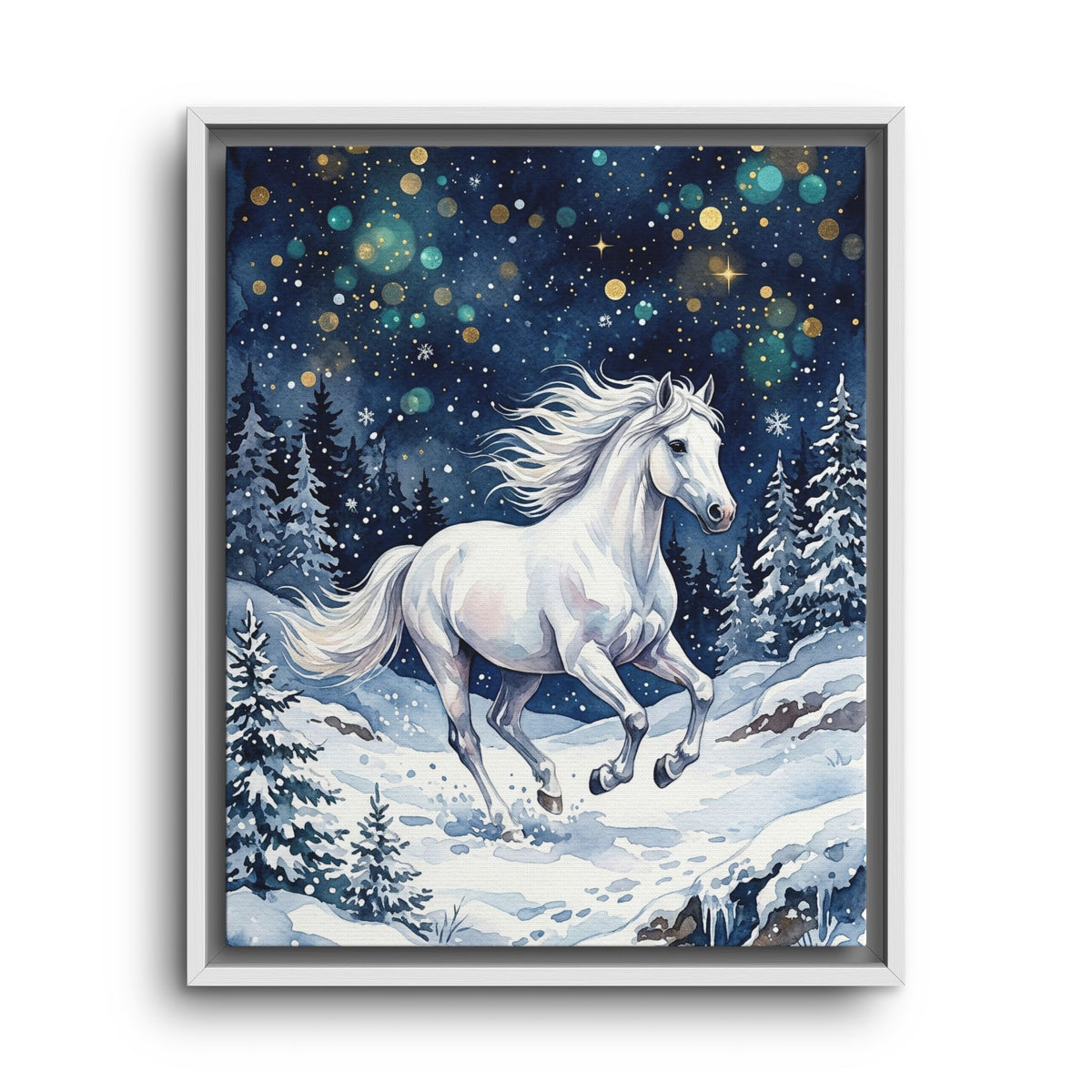 Framed Canvas Winter Unicorn in a Snowy Forest