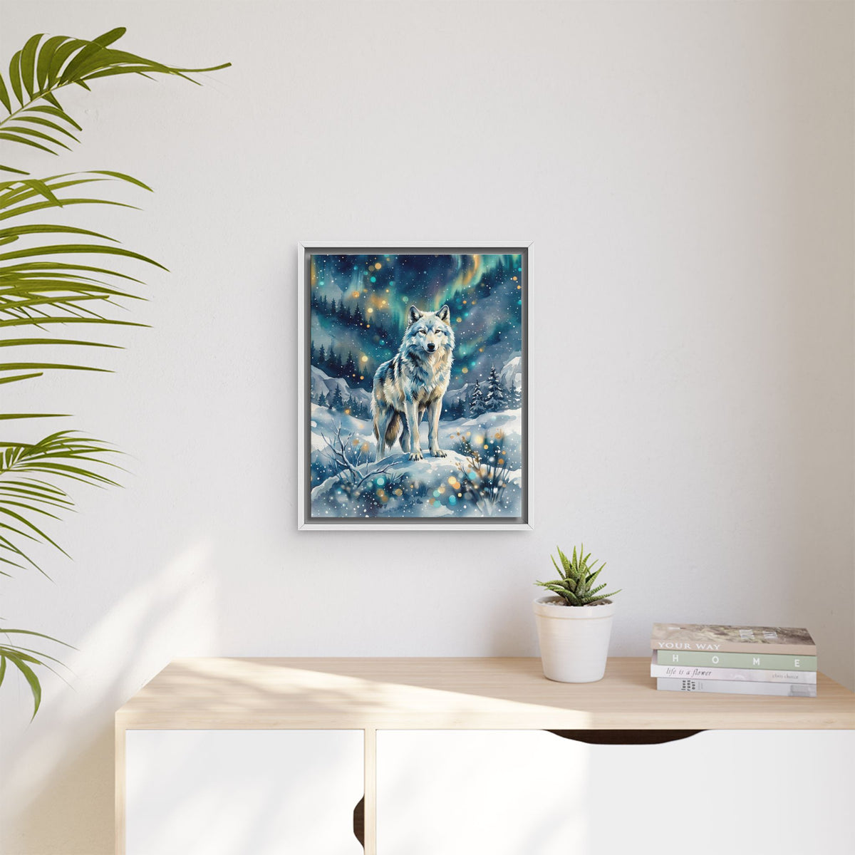 Framed Canvas Wolf Under the Northern Lights
