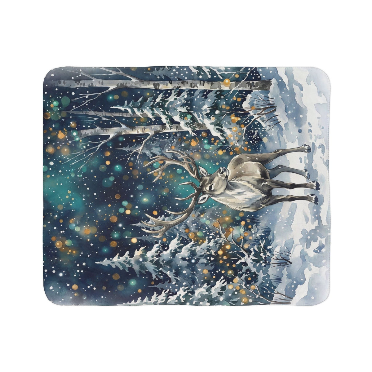 Winter Reindeer in Snowy Forest Fleece Sherpa Blanket