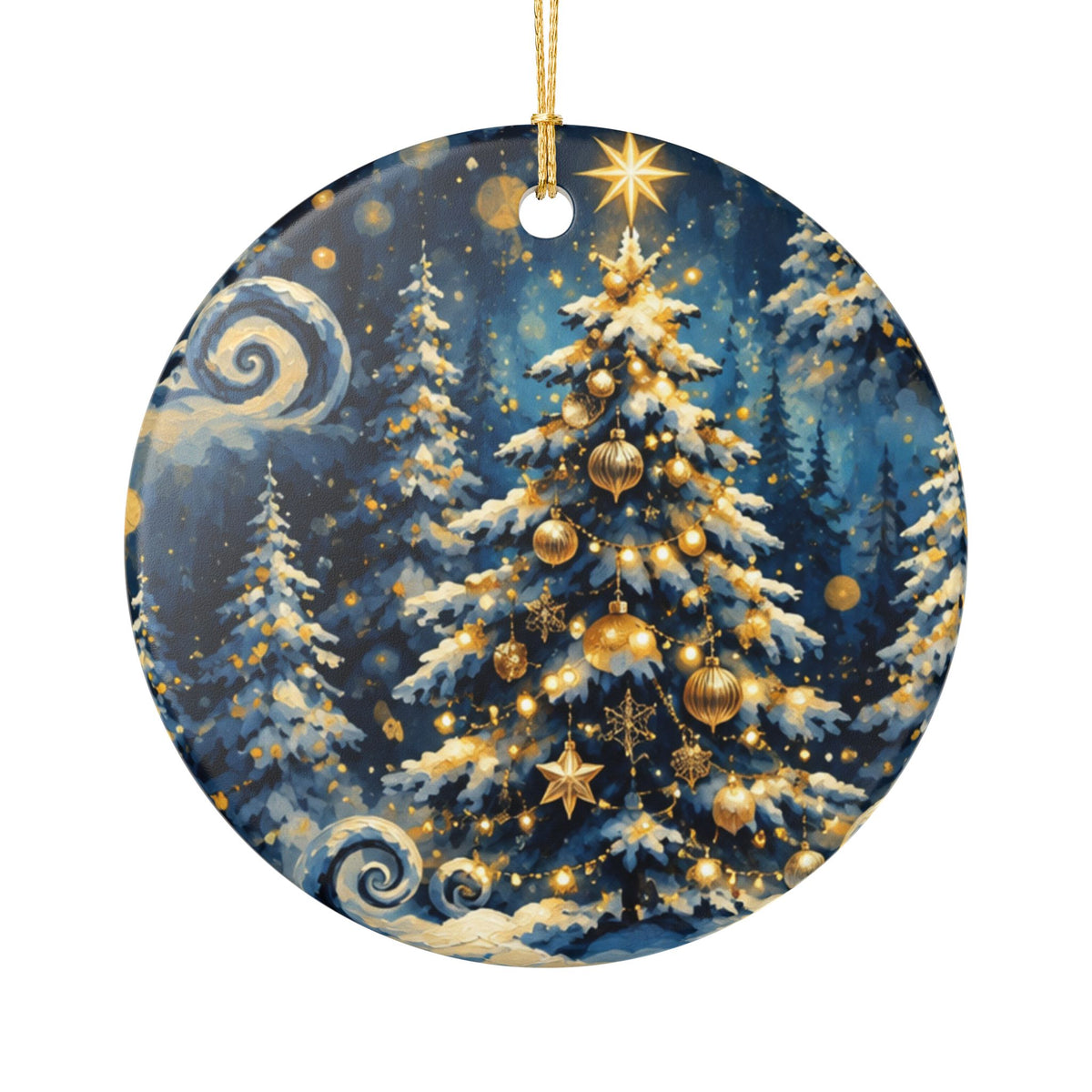 Gold & Blue Winter Christmas Tree Ceramic Ornament