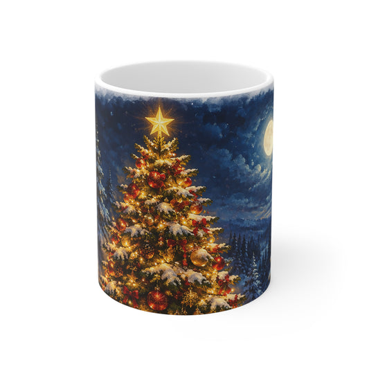Christmas Tree Mug - Festive 11oz Holiday Coffee Cup with Moonlit Winter Scene