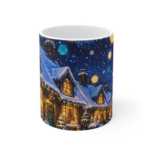 Christmas Cottage Mug – Snowy Night Holiday Coffee Cup with Cozy Lit Windows