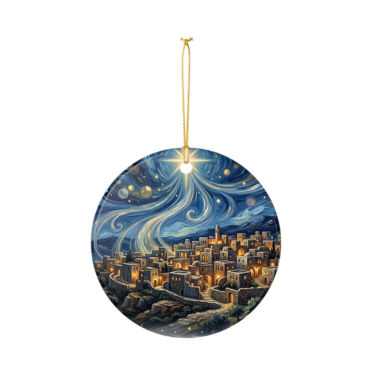Ceramic Ornament – Starry Night Cityscape Holiday Tree Decoration