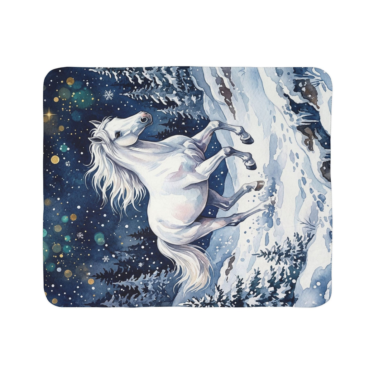 Fleece Sherpa Blanket – Winter Galloping Horse in Snowy Forest