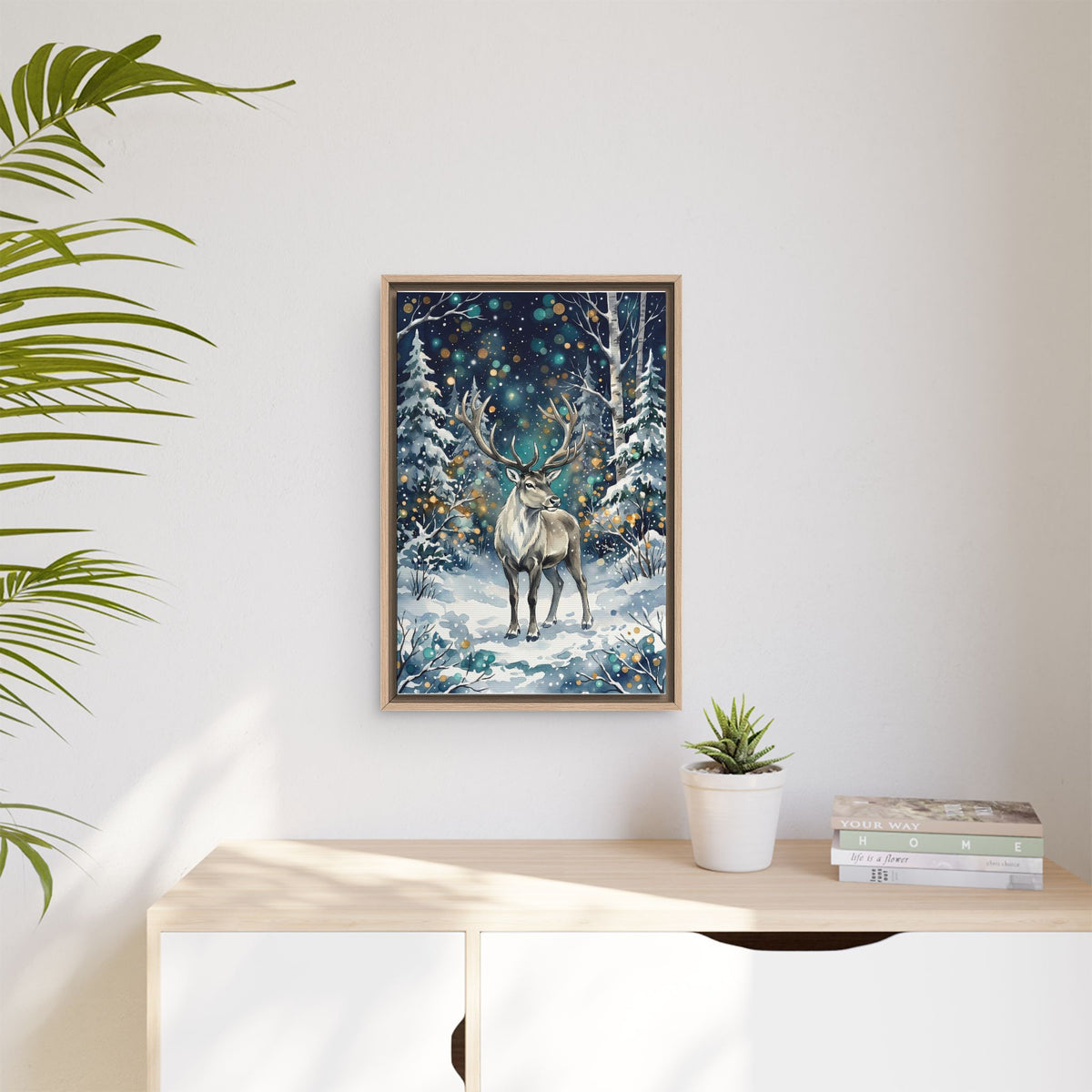 Framed Canvas Winter Reindeer in Snowy Forest