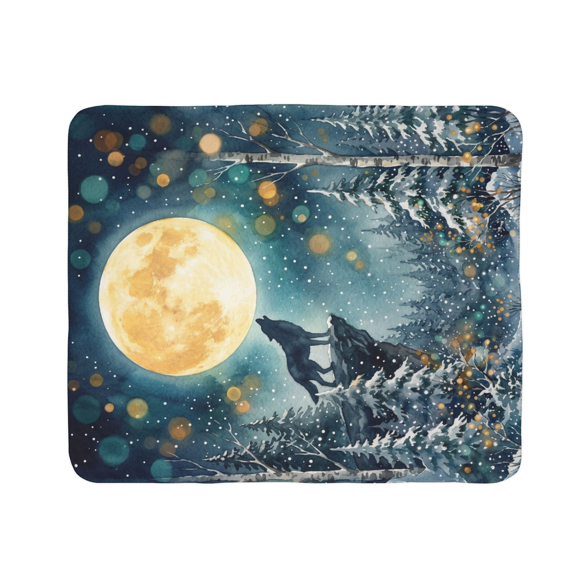 Fleece Sherpa Blanket – Howling Wolf Under Full Moon Winter Forest