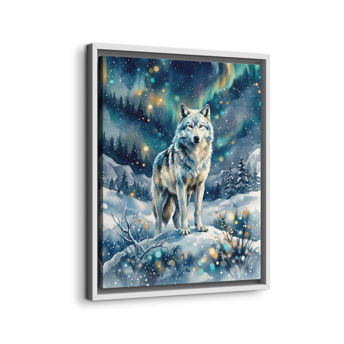 Framed Canvas Wolf Under the Northern Lights