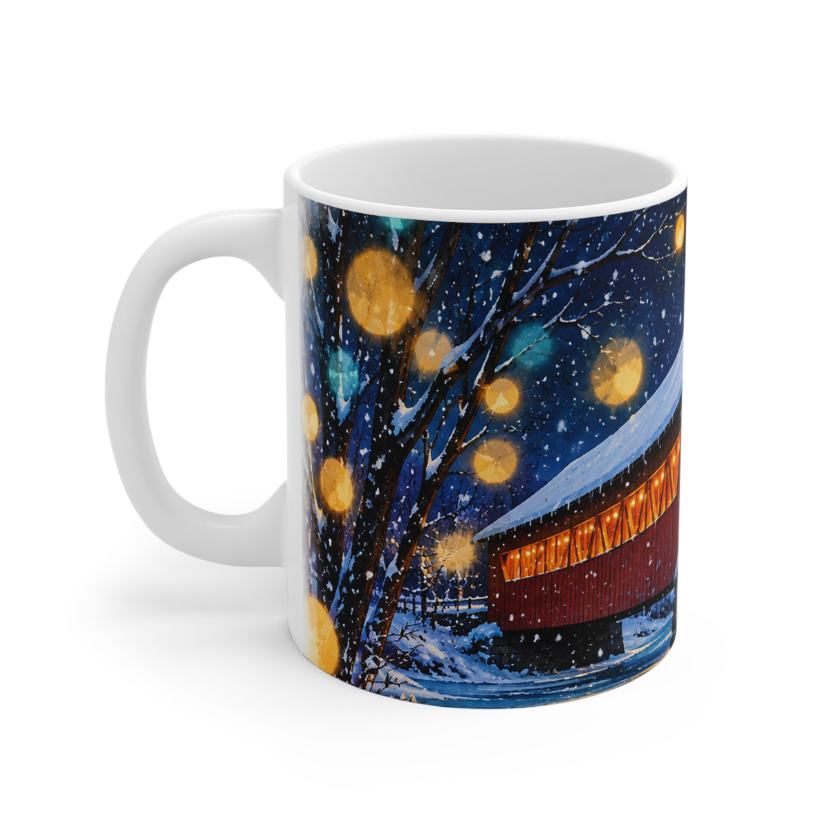 Holiday Covered Bridge Mug – Cozy Winter Night 11oz Coffee Cup
