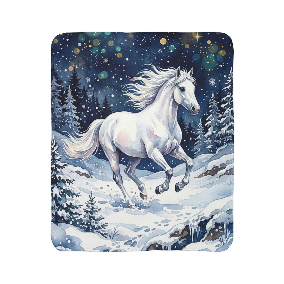 Fleece Sherpa Blanket – Winter Galloping Horse in Snowy Forest
