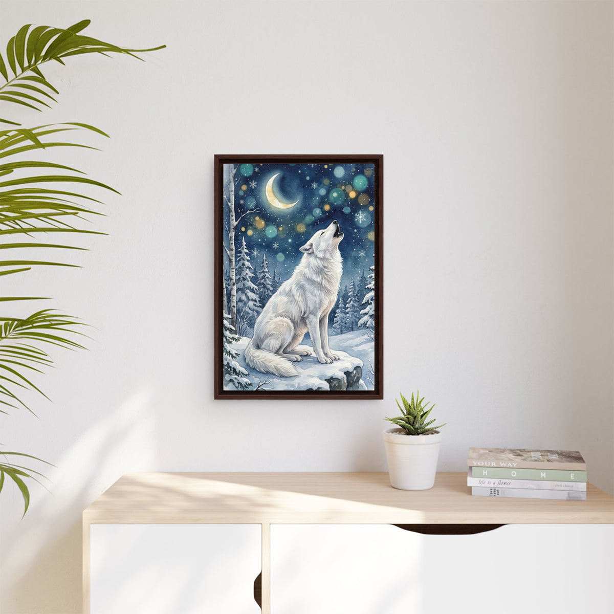 Framed Canvas Wall Art – Howling Wolf Under Moonlight