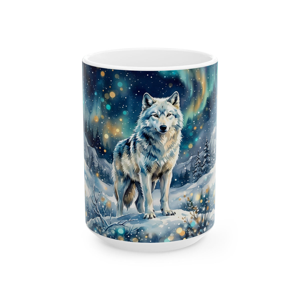 Winter Wolf Ceramic Mug – Mystical Moonlit Forest Wildlife Coffee Cup