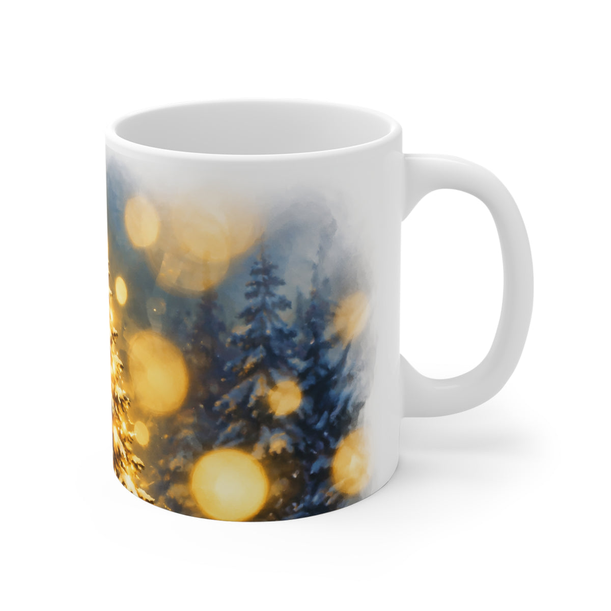 Christmas Tree Mug — Golden Bokeh Holiday Coffee Cup (11 oz)